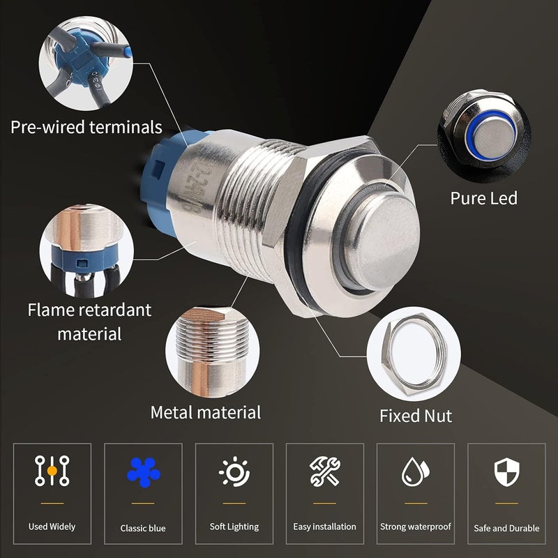 STARELO 5pcs 12mm Momentary led Push Button Switch Silver Shell with pre-Wiring, IP65 Waterproof Push Button Switch,1NO 1 Normally,Self-resetting with LED(Blue). - Image 4